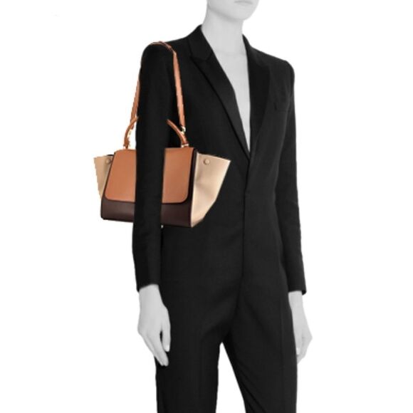 Celene Tricolor Medium Trapeze Luggage Satchel in Cognac Brown Tan - Picture 2 of 16
